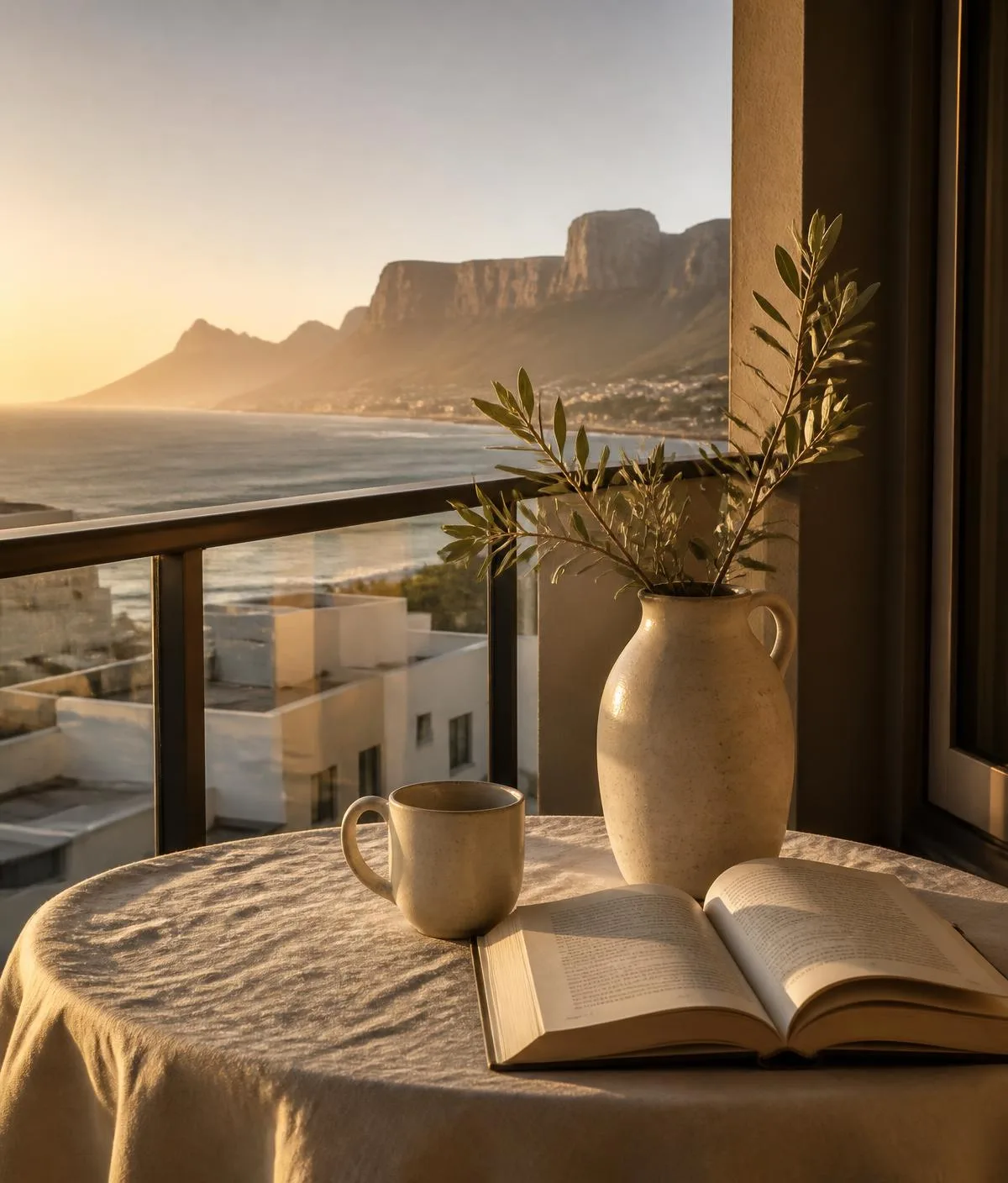 Golden hour on a Cape Town balcony with coffee and ocean views