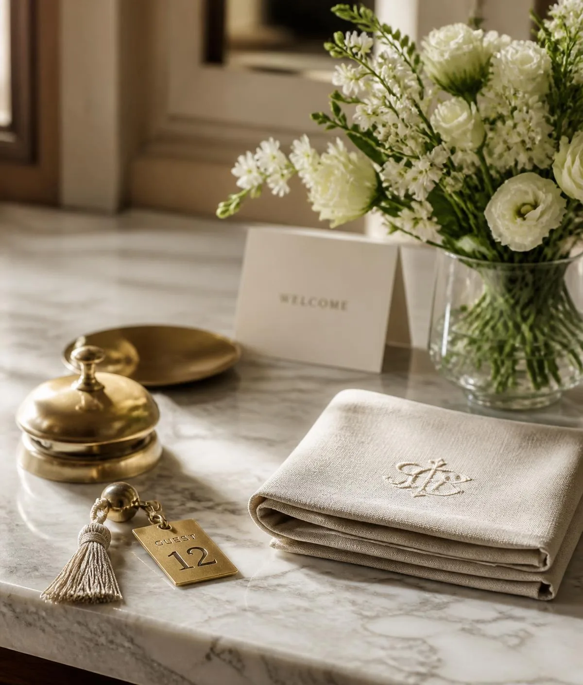 Brass key and fresh flowers on a marble welcome counter