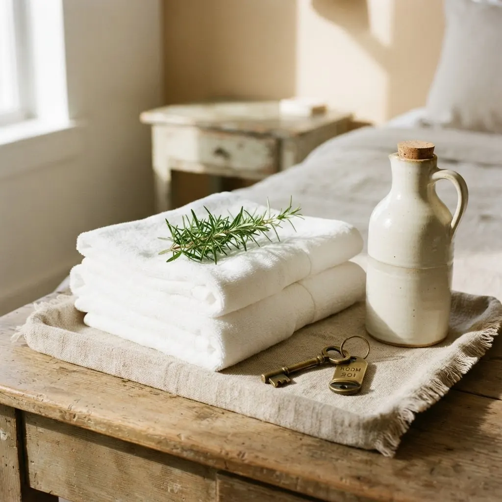 Fresh towels, rosemary and a brass key on a linen tray